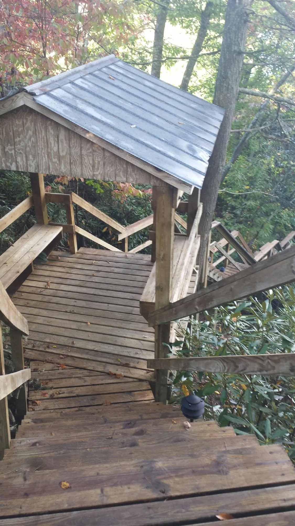 Metal roofed shelter over wooden steps on a wooded walkway — Skylight Repair & Installation work by our crew in Wolf Creek